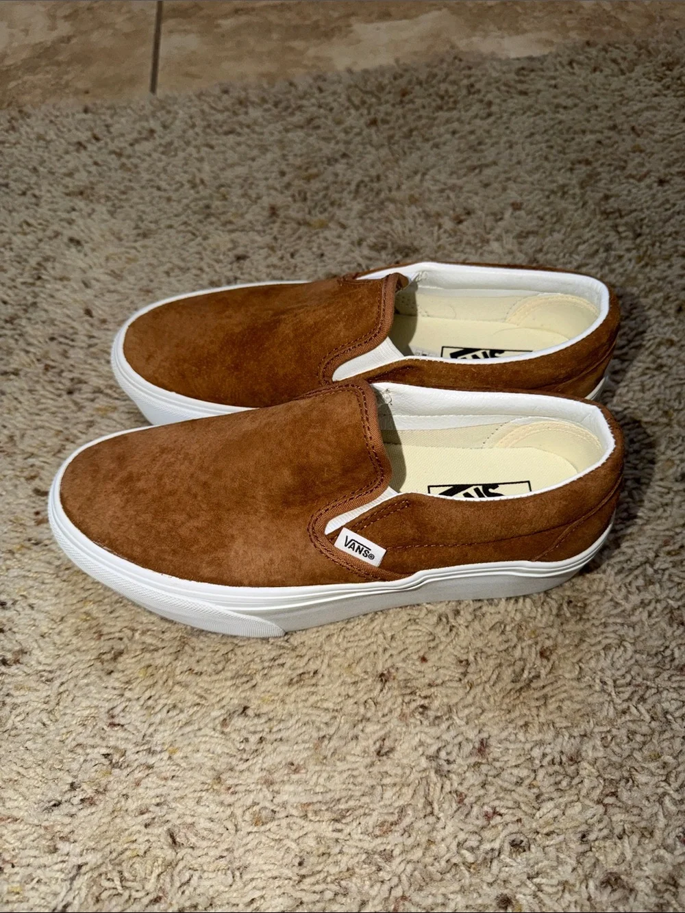 Vans women’s Slip-On Suede Loafers in Brown with White Sole